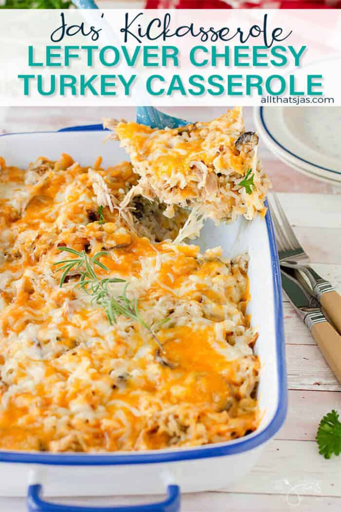 Turkey casserole being served with text overlay