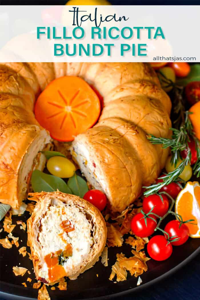 Bundt pie with vegetables and a slice cut out with text overlay