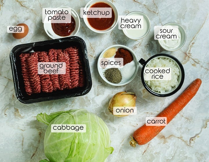 Ingredients for Lithuanian cabbage and beef recipe