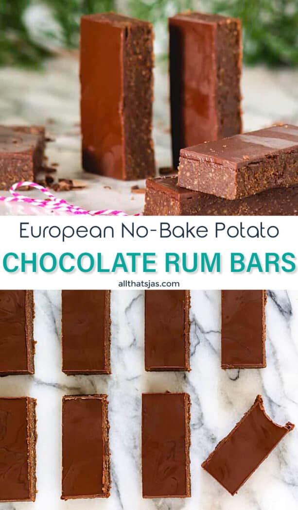 Two photo image of chocolate rum candy with text overlay in the middle