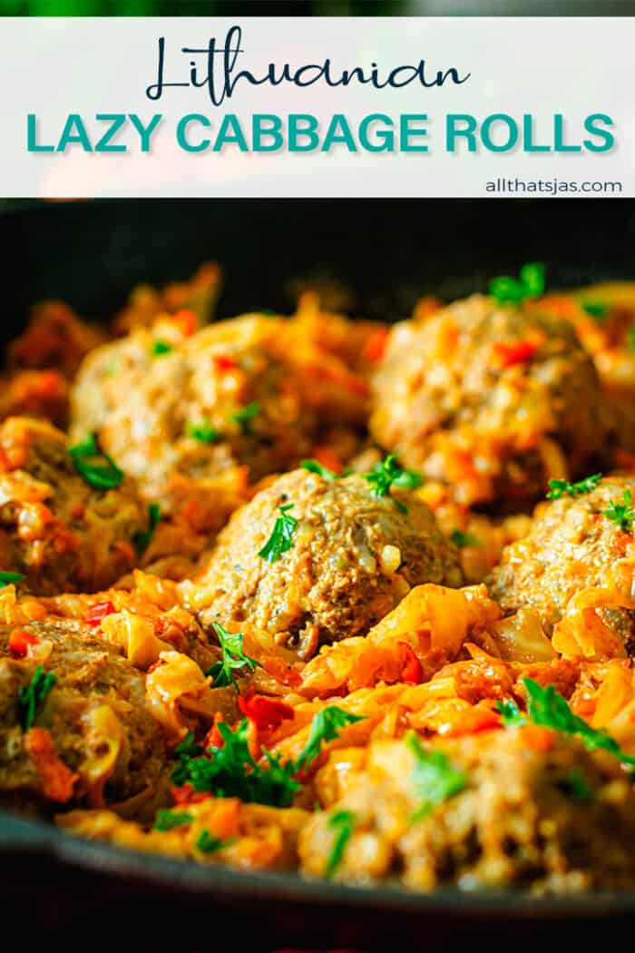 Close up shot of meatballs over cabbage with text overlay.