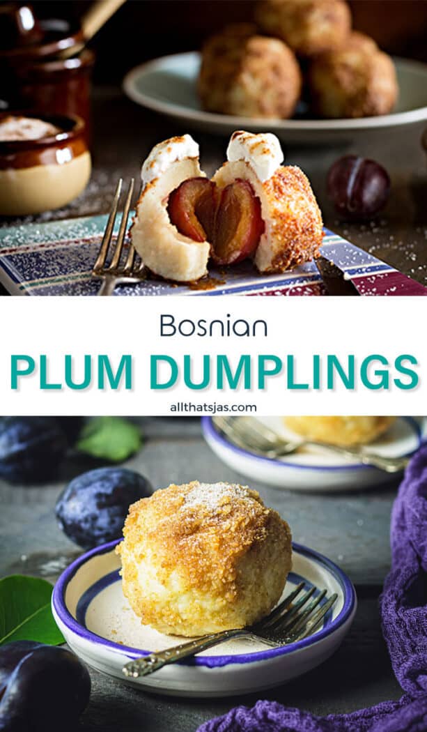 Two photo image of the Balkan's sweet potato dumpling recipe with text overlay in the middle