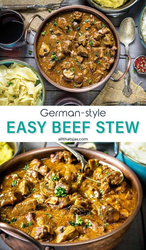 Two photo image of the easy beef bourguignon with text overlay in the middle