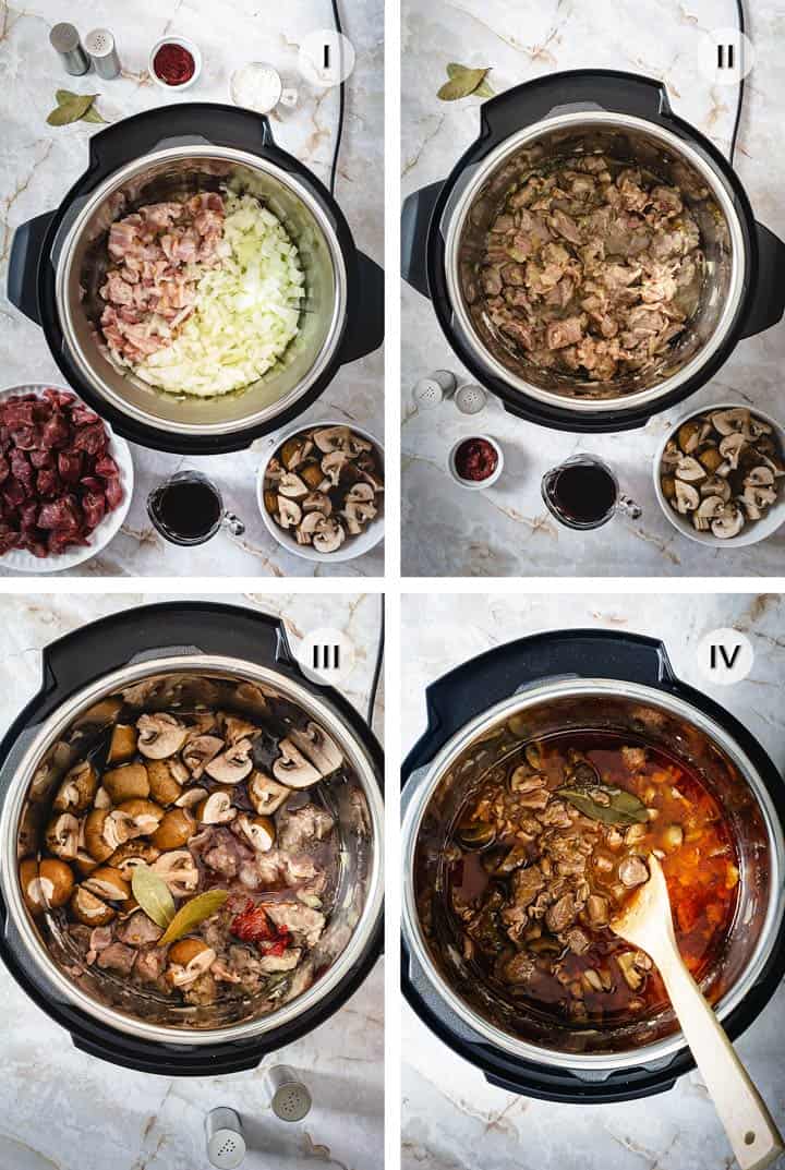 Four step-image on how to make stew in an instant pot