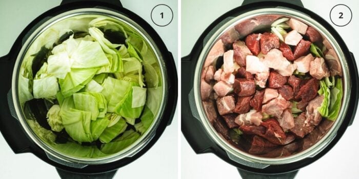 Two photos of instant pot with cabbage layer and then with meat layer.