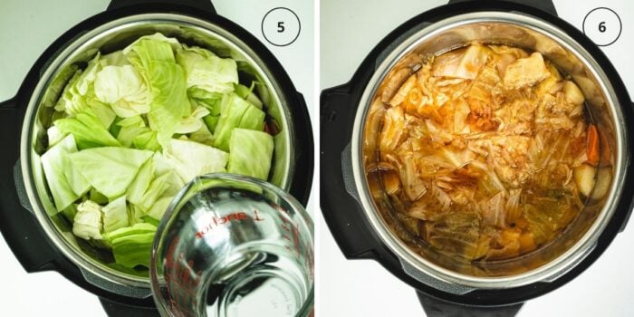 Two photos of instant pot with adding water to the finished layers and then with cooked stew.