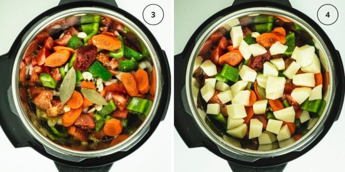 Two photos of instant pot with layer of vegetables and seasoning and then a potato layer