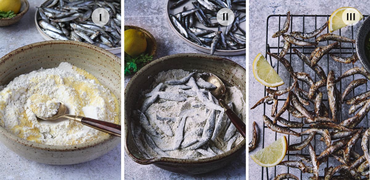 Two bowl showing how to bread smelt and a photo of fried smelt on a rack.