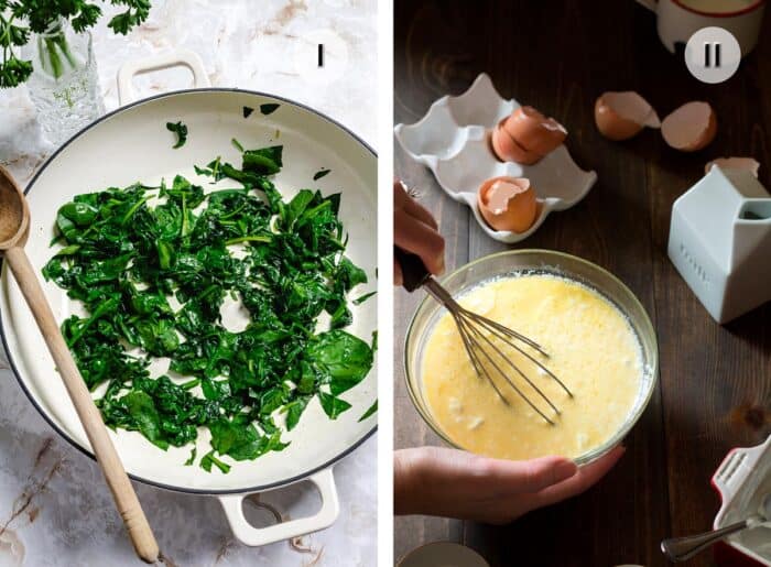 Steps for making lasagna - a pan with spinach and a person mixing food in a bowl.
