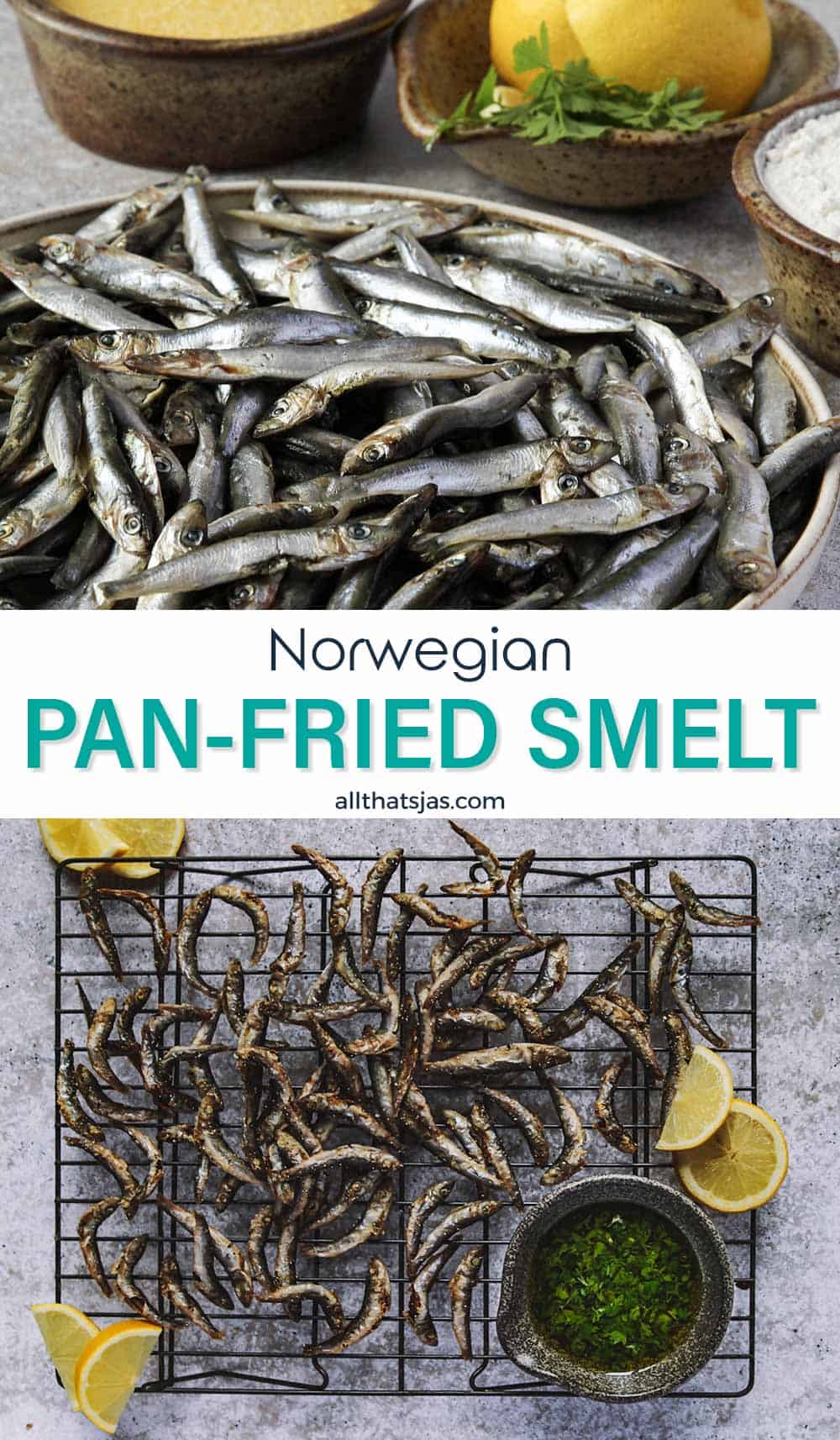 Two photo image of Norwegian pan fried smelt recipe and text overlay in the middle