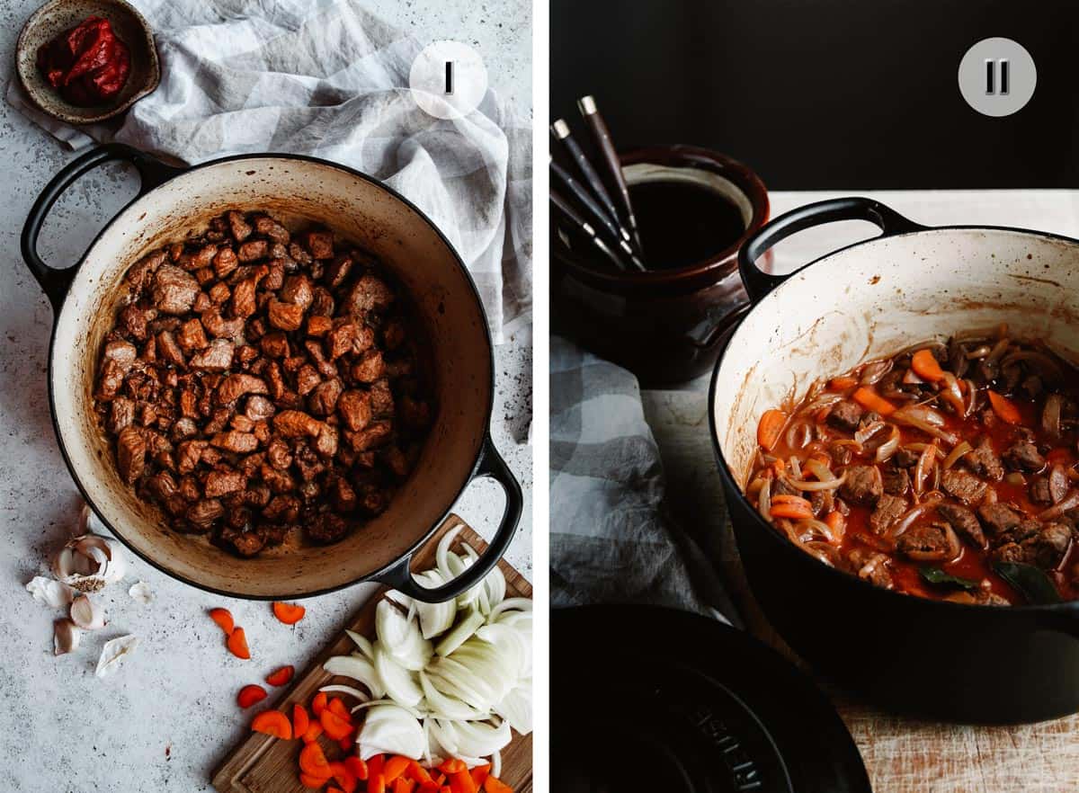 Two photos with pots showing stages of making the stew.