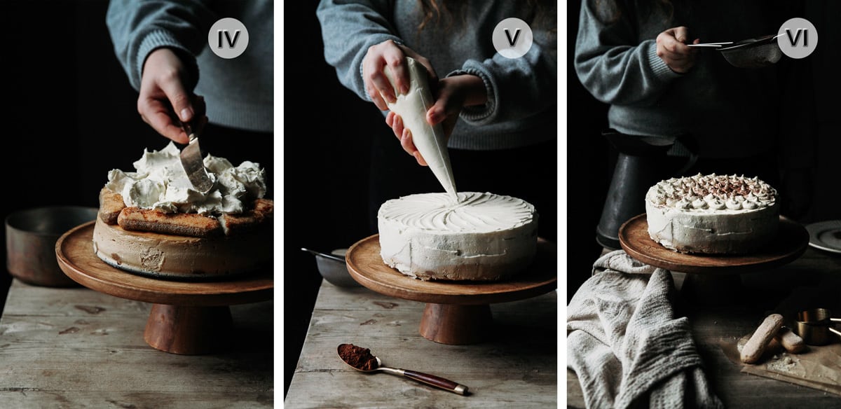 Three photos of a person assembling the cake