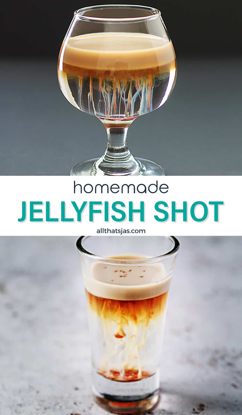 Two photo image of jellyfish shots with text in the middle