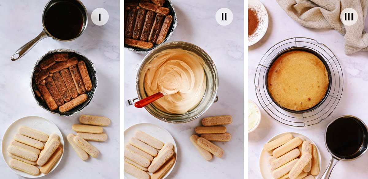 Three step photos to making the cheesecake layer for tiramisu cake.