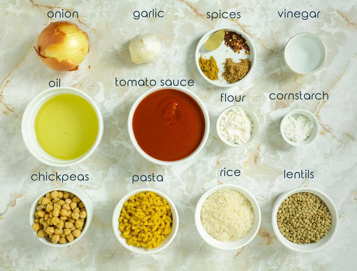 Ingredients for Egyptian pasta recipe kushari