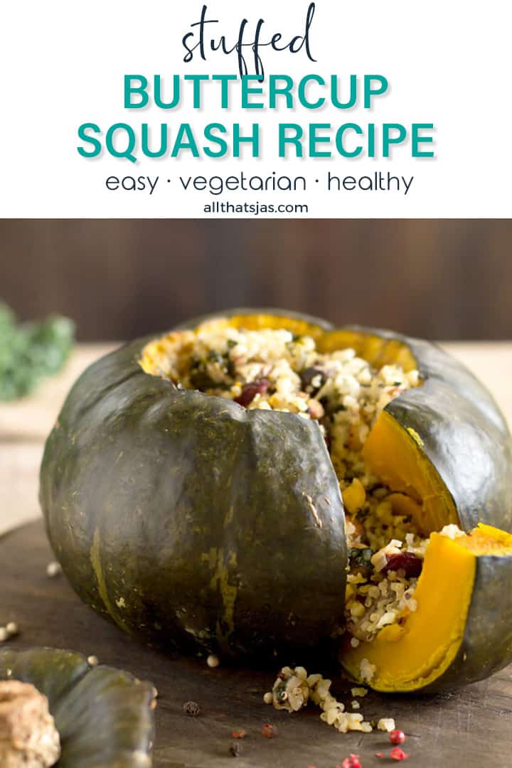 Baked squash stuffed with quinoa and with text