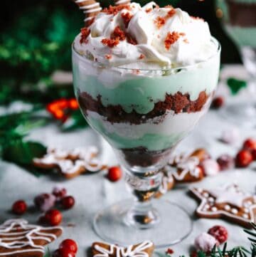 A closeup of the triffle in a glass with Christmas decorations and lights in the background.