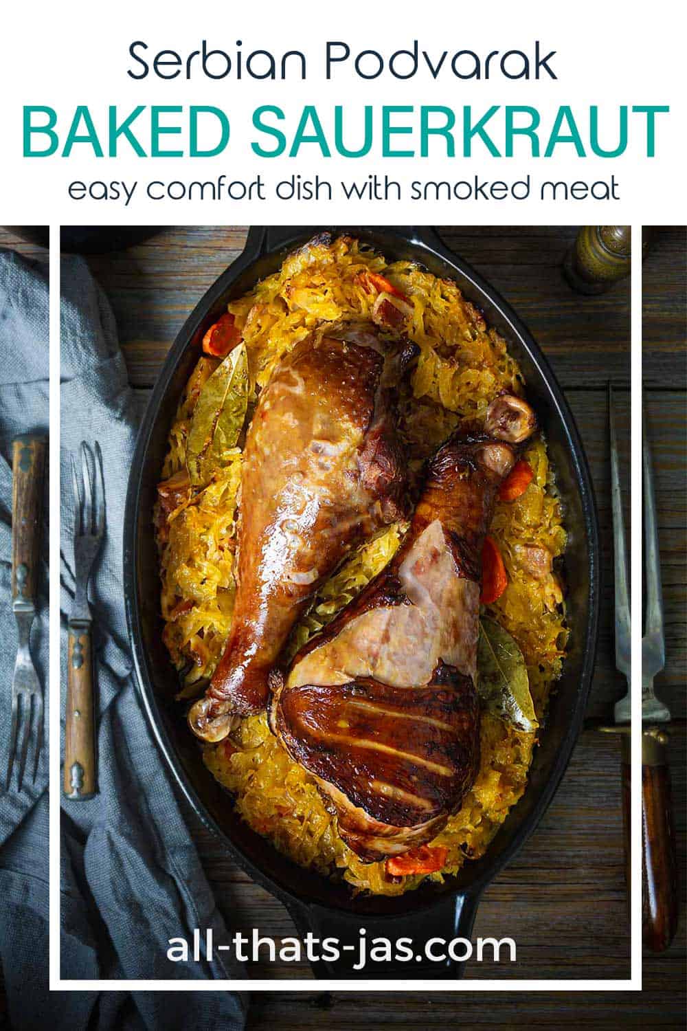 A dish with Serbian dish of sauerkraut and turkey meat with text overlay