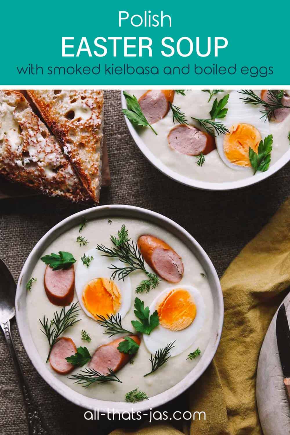 Two bowls with white borscht and text overlay.