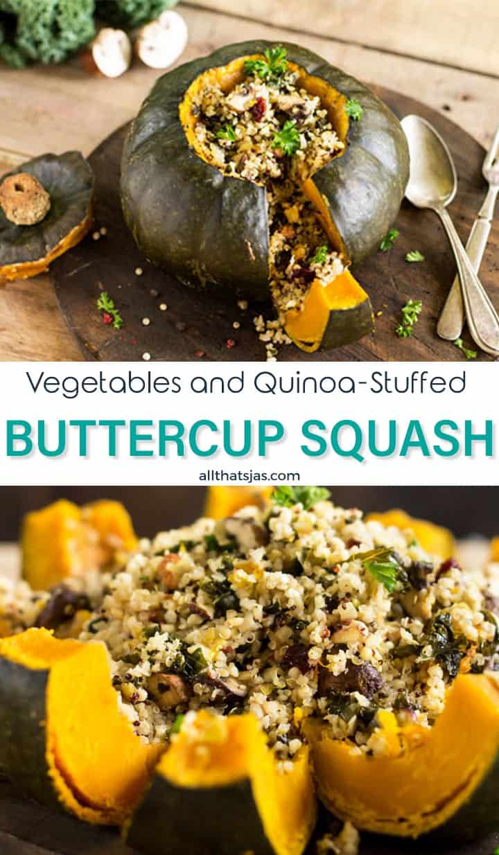 Two phot image of stuffed cuttercup squash and text in the middle