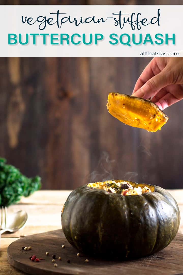 A person removing the top or baked buttercup squash with text