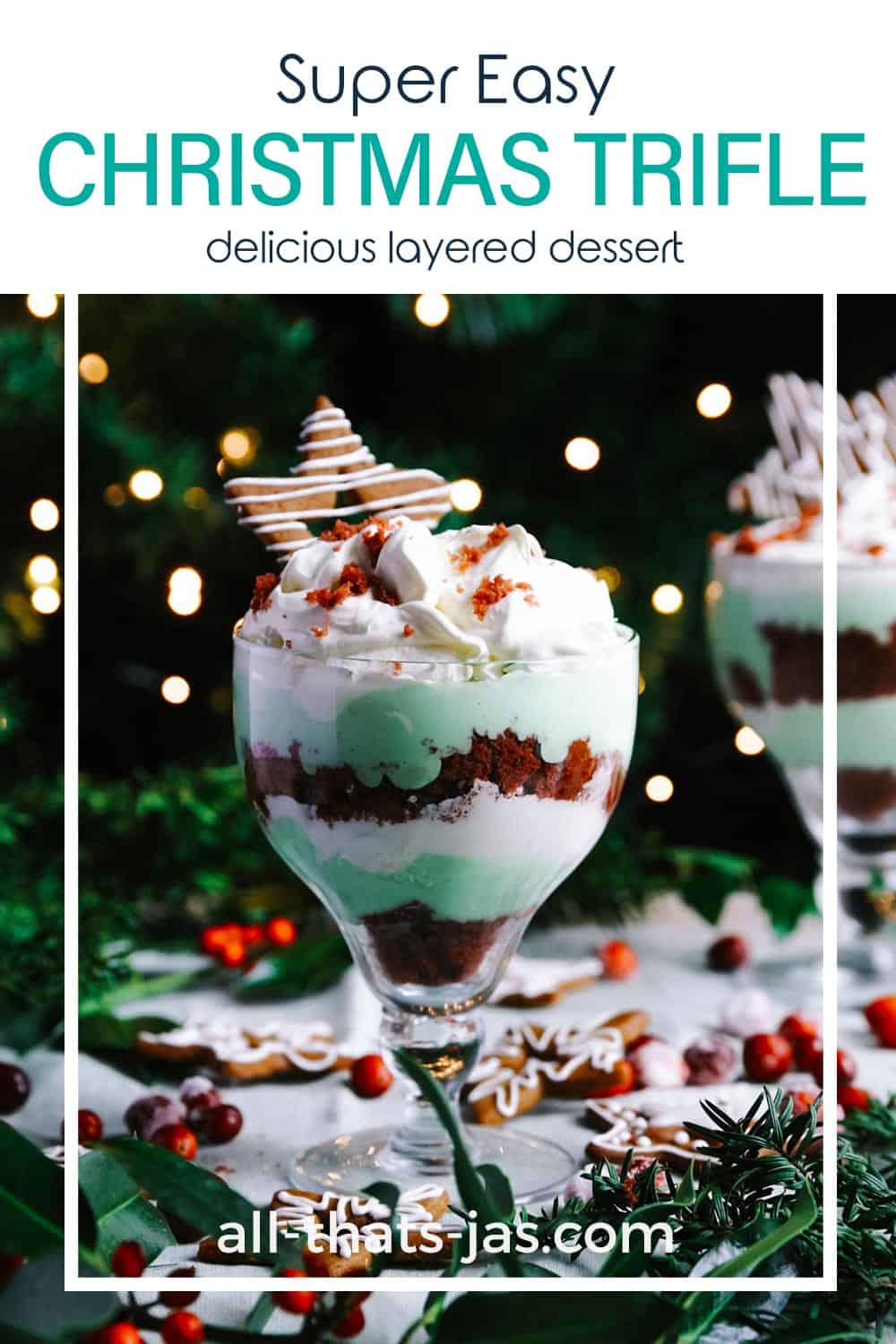Two glasses with trifle dessert with text overlay