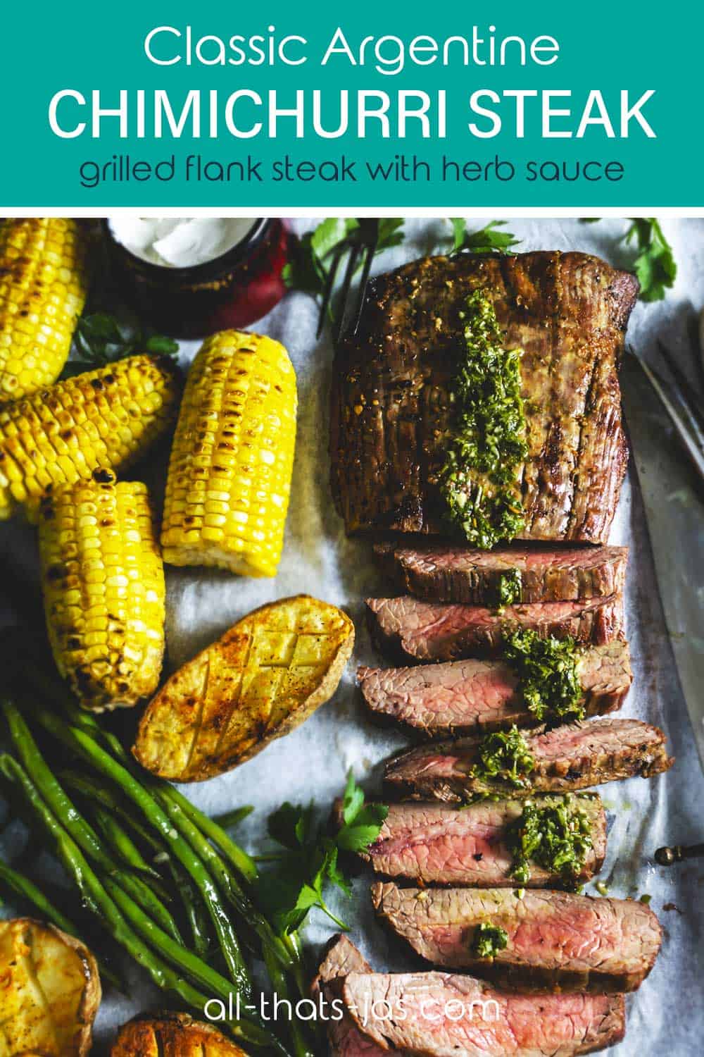 Steak sliced on a sheet pan with veggies and text overlay