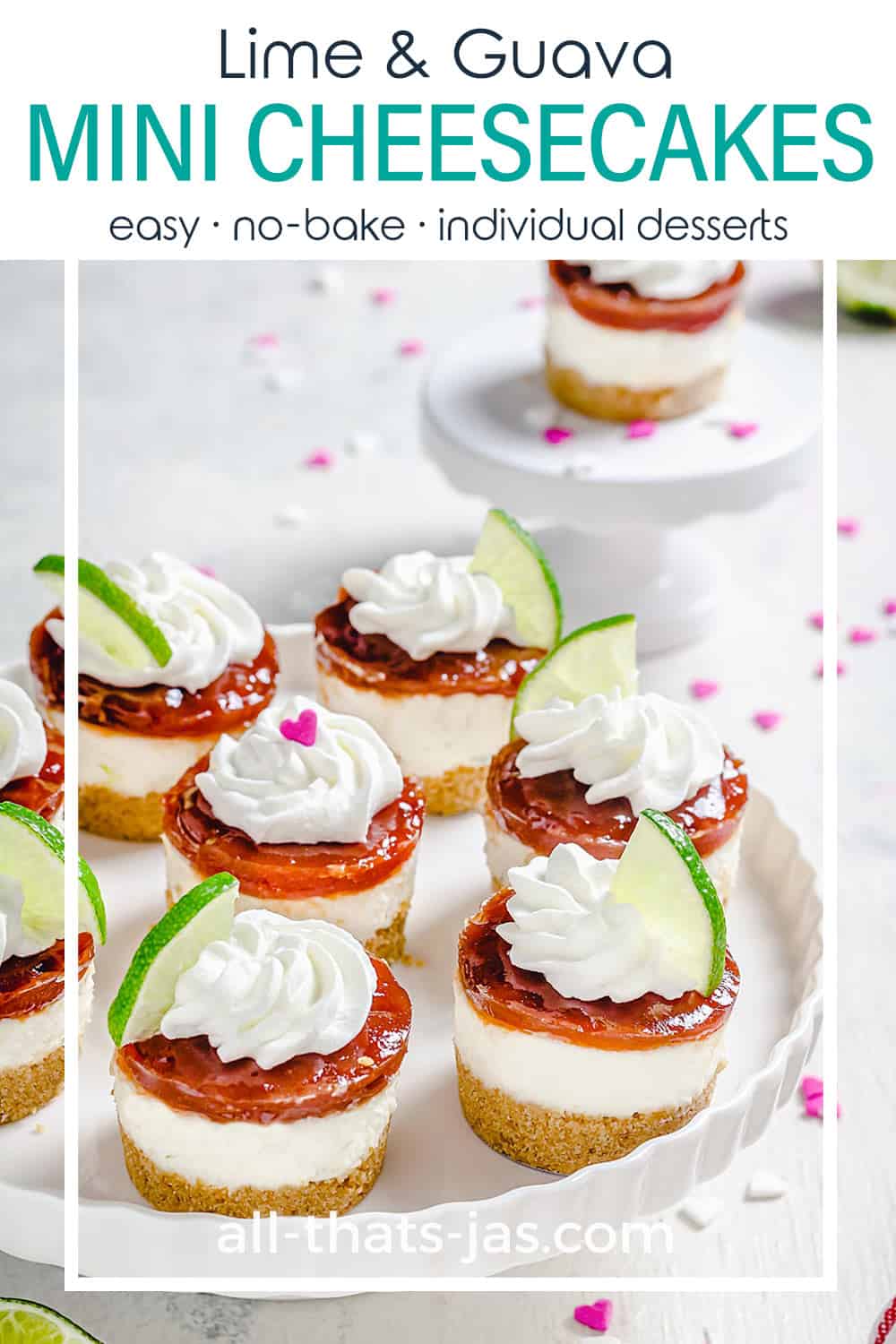 A group of mini cheesecakes with text overlay