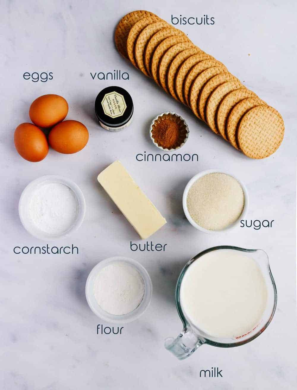 Ingredients for milk tart with biscuits, milk, eggs, flour, cinnamon, and sugar.