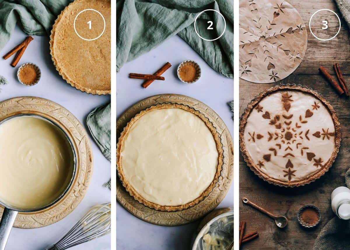 Three photo image that shows steps to making no bake milk tart.