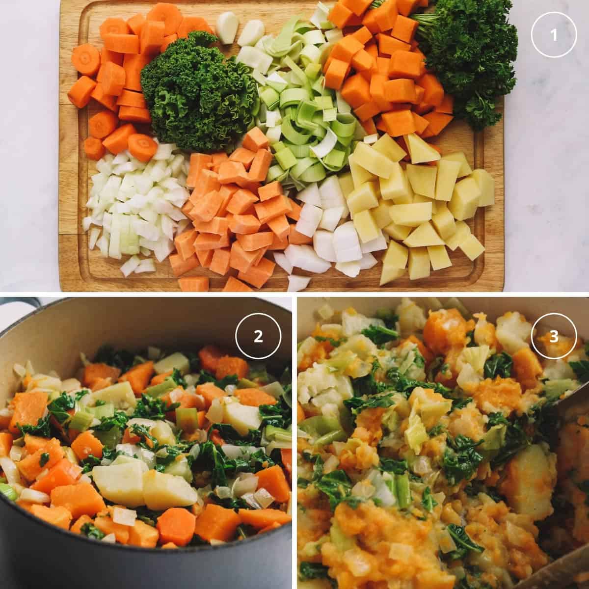 Three photos showing easy steps to making stamppot dish from the Netherlands.