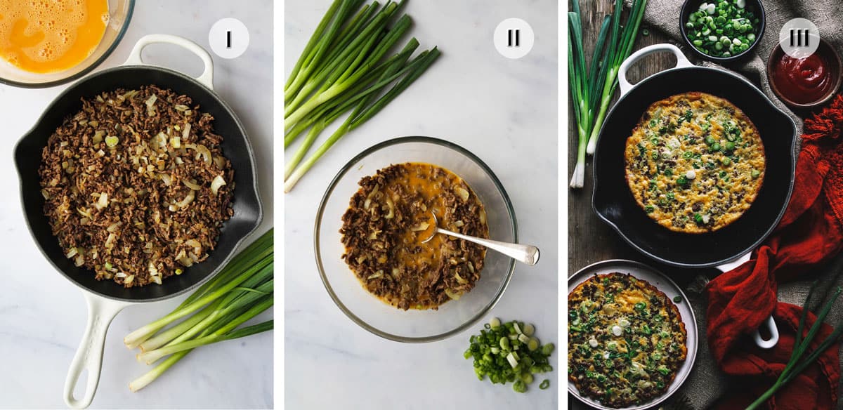 Skillet with browned beef, a bowl with beef mixed with eggs, and a skillet with fried omelet.