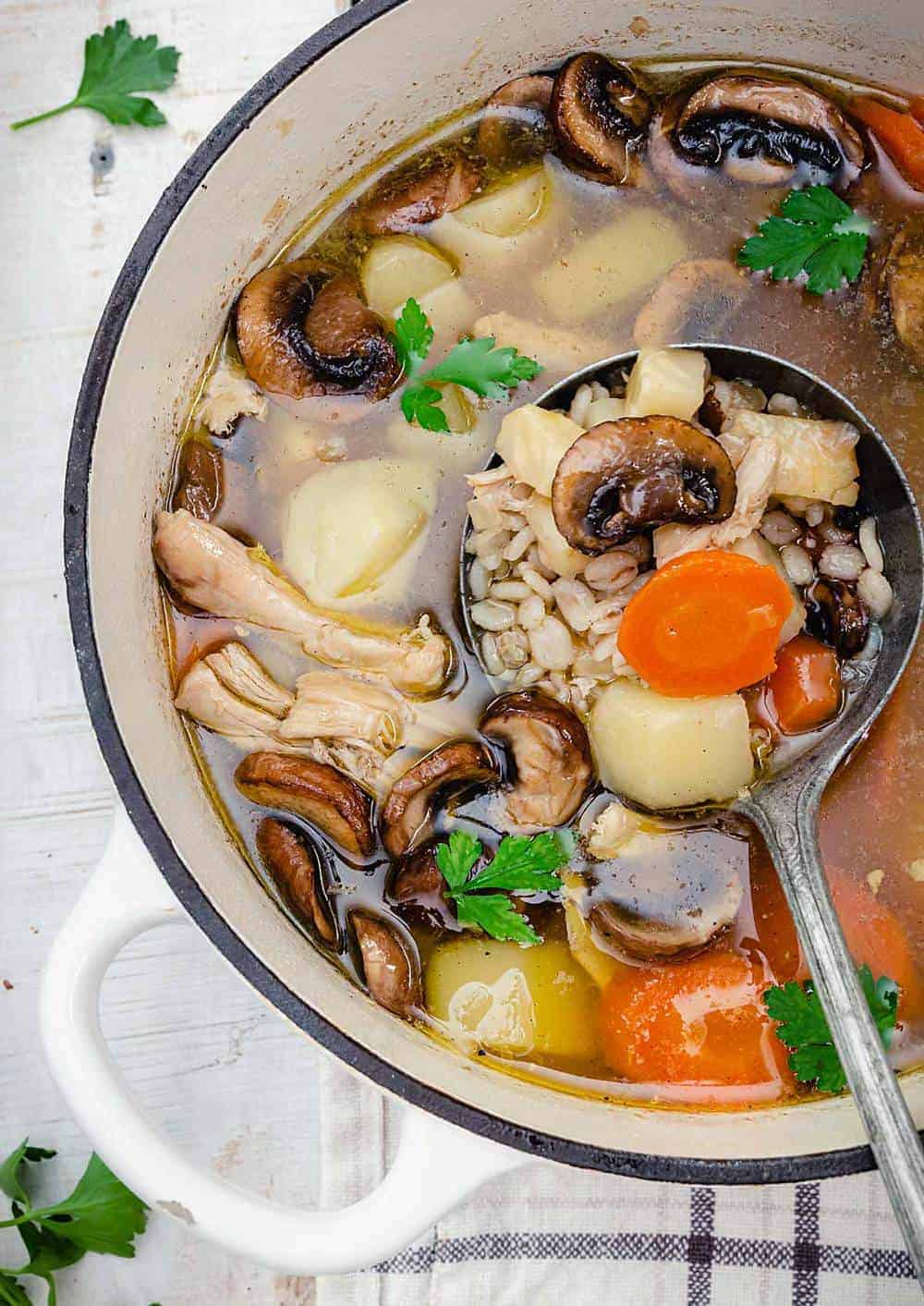 A close up of the krupnik soup with barley, mushrooms, and vegetables in a pot with a ladle.