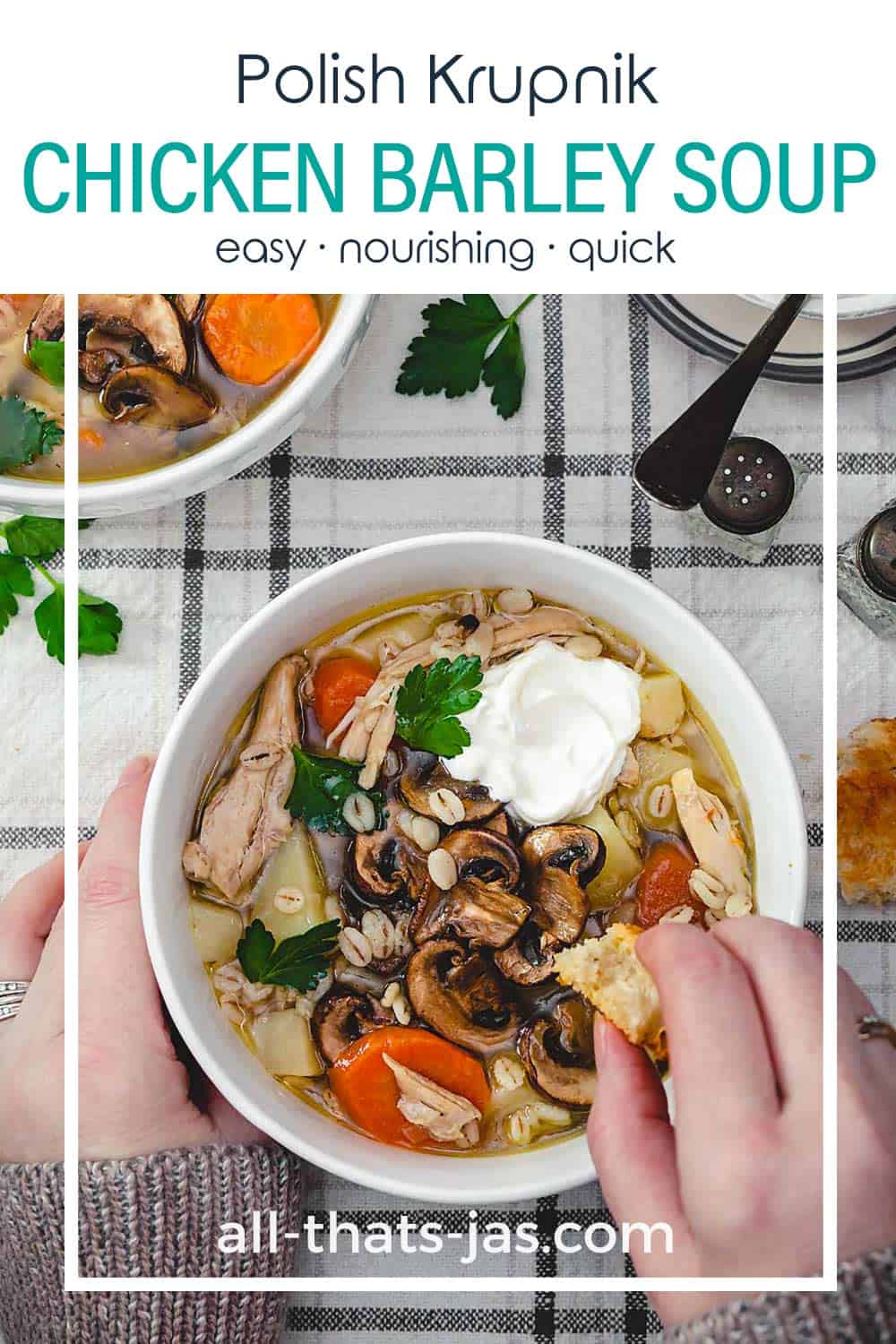 A bowl of soup with hands and text overlay.