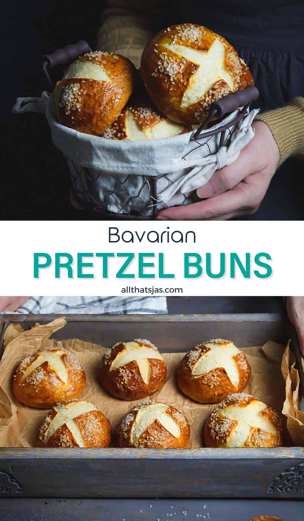 Two photo image of Bavarian pretzel rolls with text in the middle.