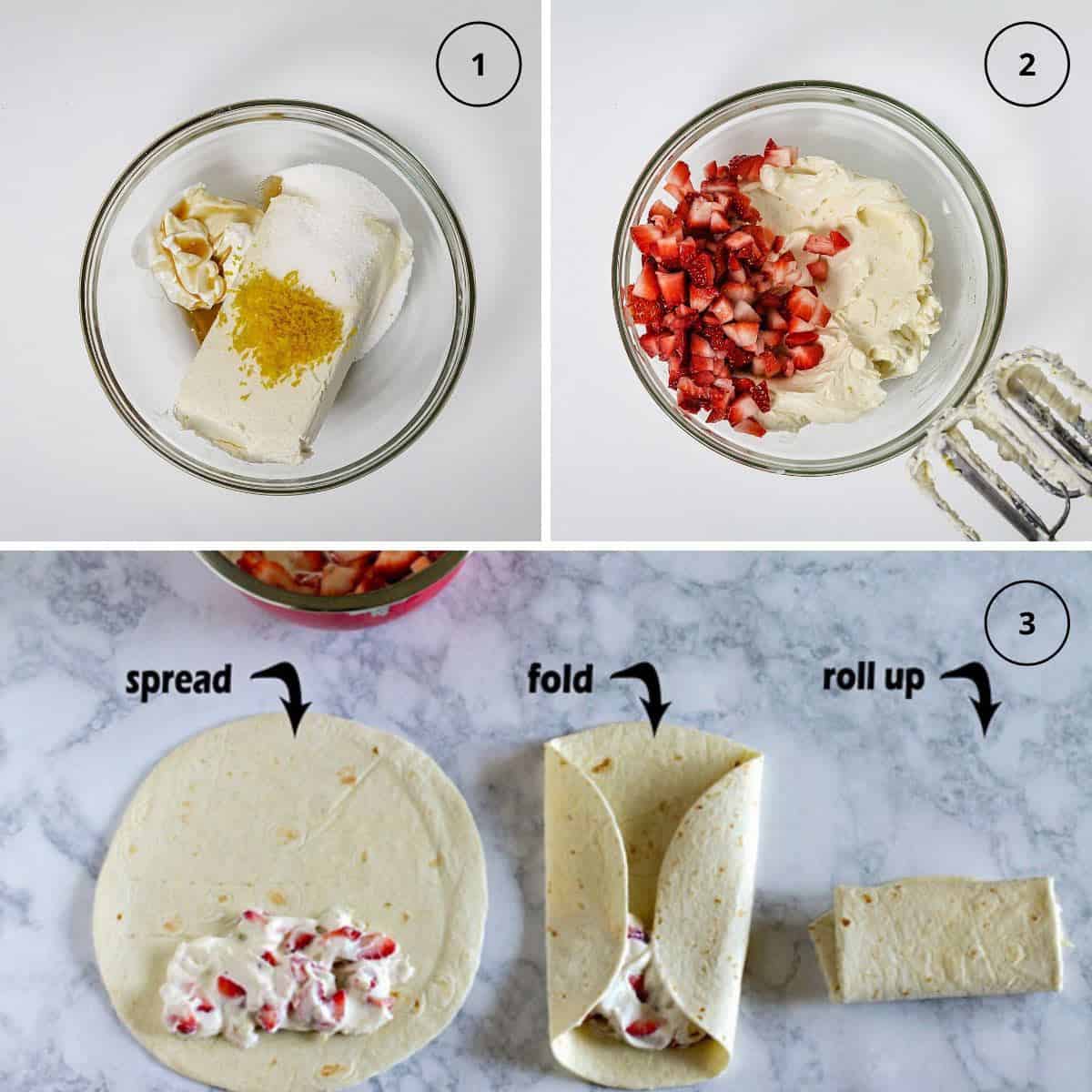 Cheesecake ingredients in a bowl, adding chopped strawberries, and rolling the filling into tortillas.