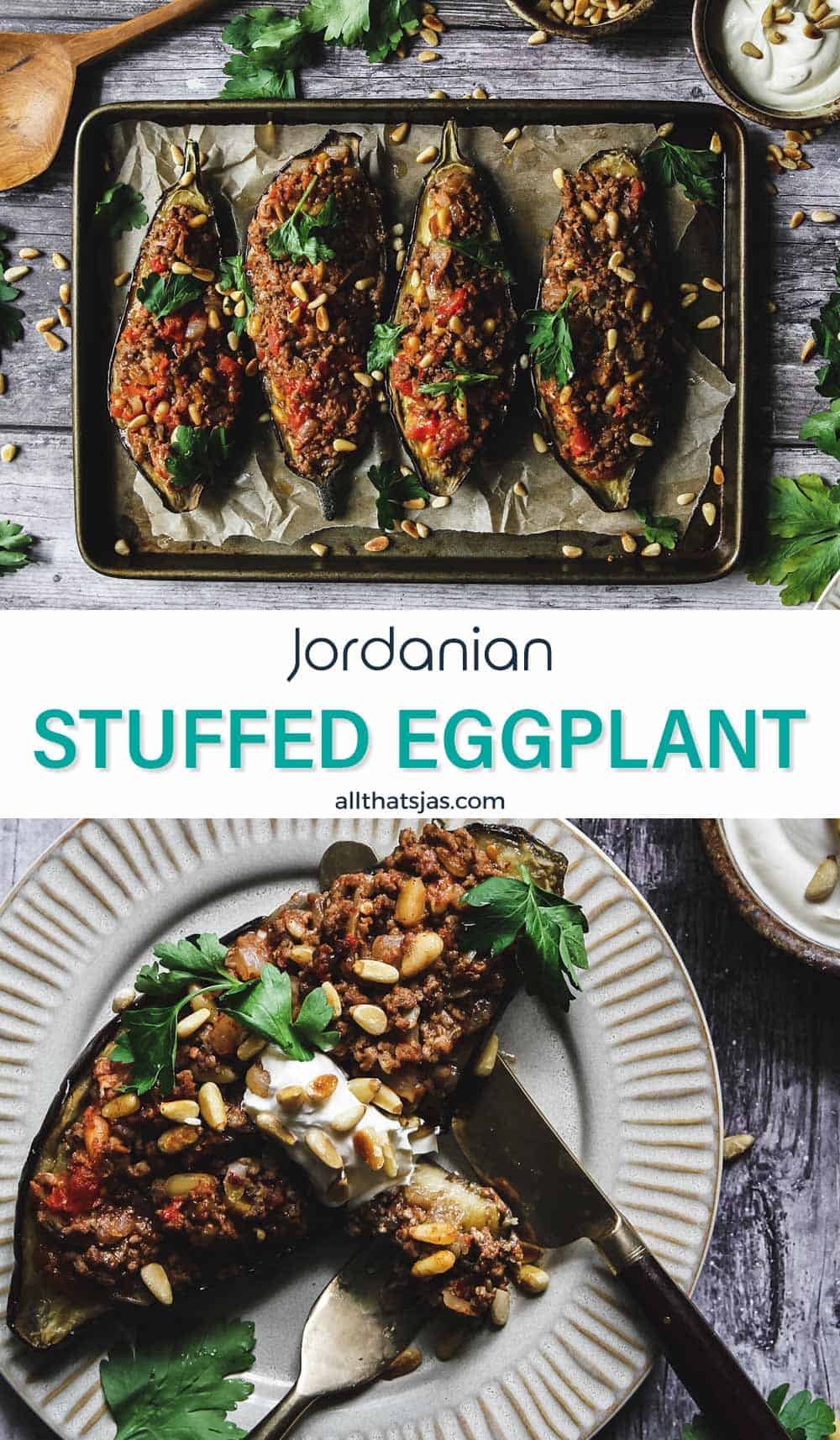 Two photo image of eggplants filled with ground lamb mixture and text in the middle.