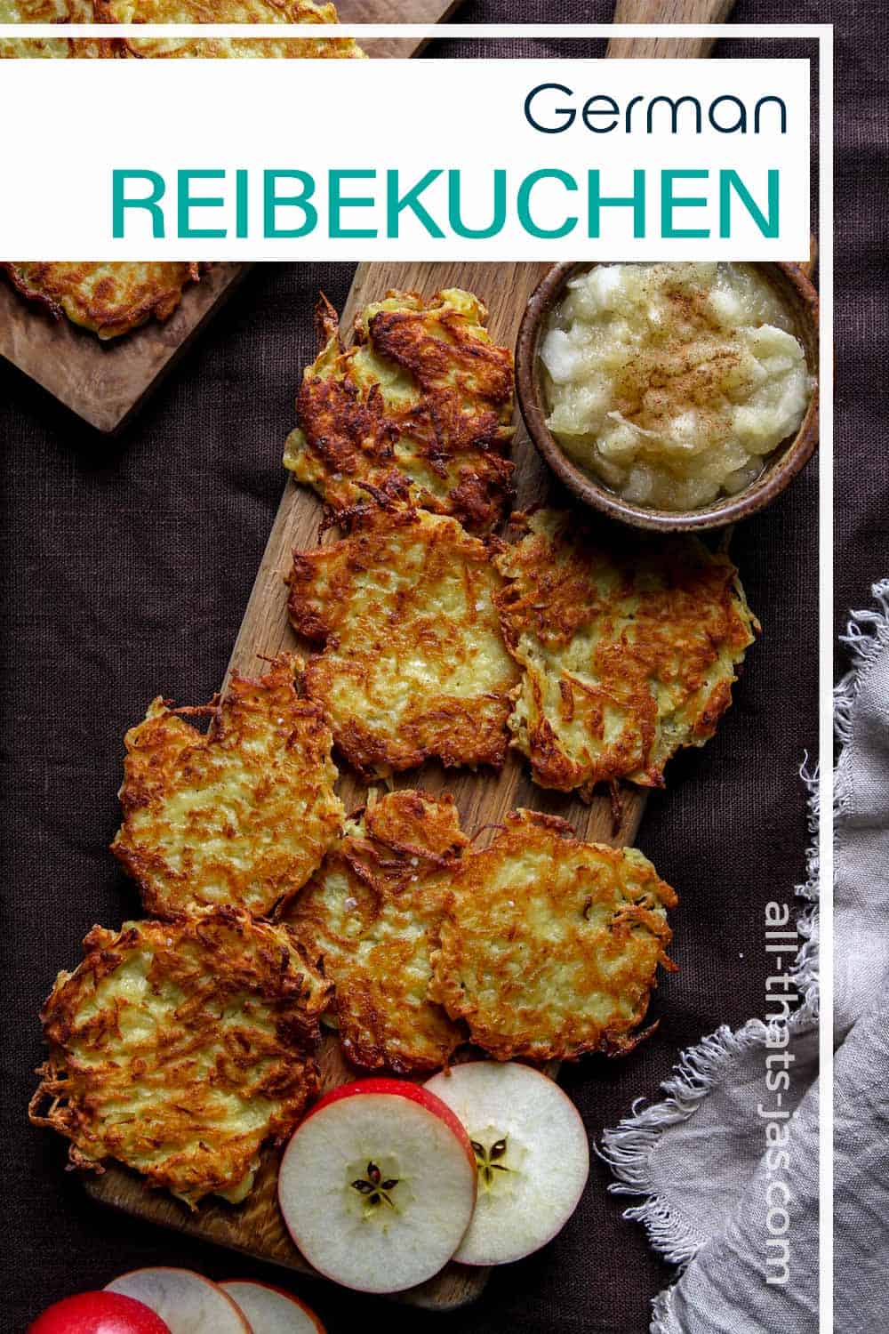 A flat lay of German latkes on a cutting board with text overlay.