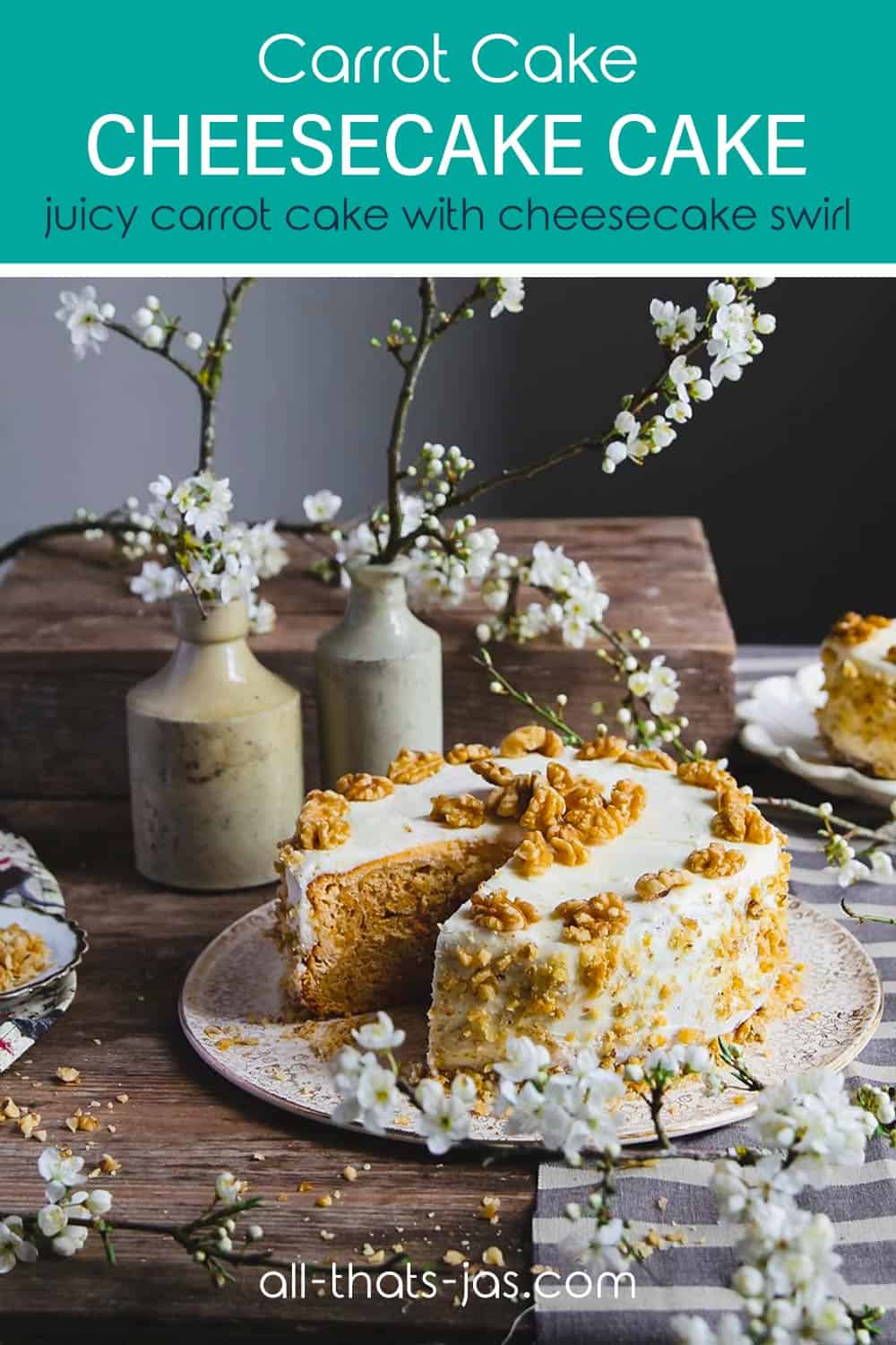 Carrot cake cheesecake cake sitting on a table with spring settings and with text overlay.