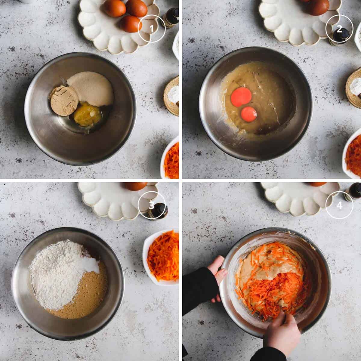 Four steps photo to mixing the ingredients of the carrot cake part of the cheesecake cake in a bowl.