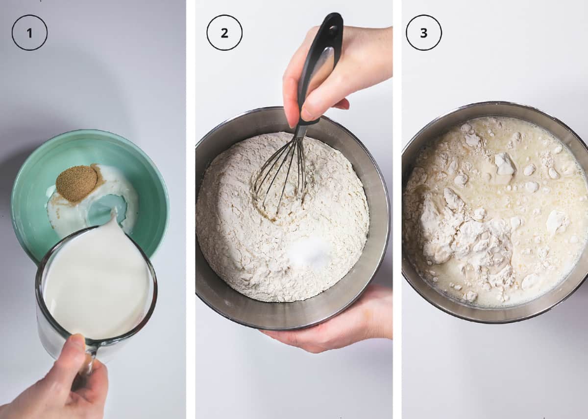 Three step photos with yeast and milk in a bowl, whisking the flour, and starting a dough.