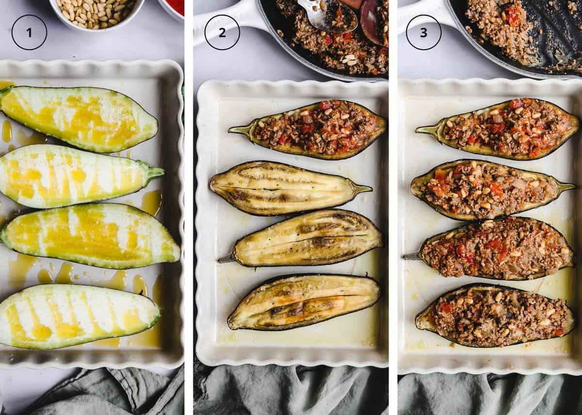 Three photo steps to roasting the eggplants with ground lamb in a baking dish. 