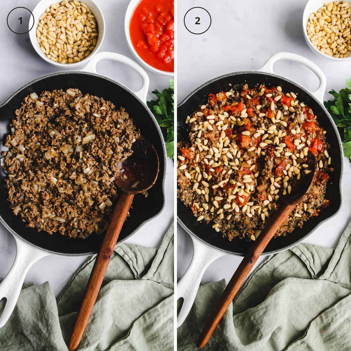 A skillet with ground lamb and a skillet with added tomatoes, spices, and pine nuts.