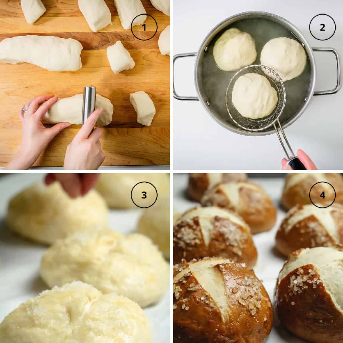 Four images of dough being shaped into balls, dipped in hot lye water, sprinkled with coarse salt, and baked.