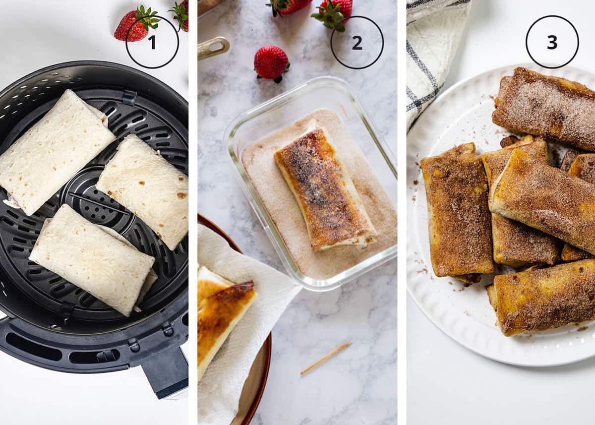 Tortilla roll ups in an air fryer basket, rolling them into cinnamon sugar, and stacked on a plate.