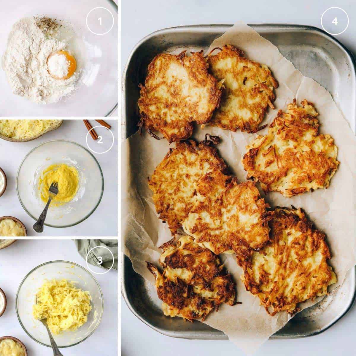 Steps to making potato pancakes, the bowl with egg and flour, with shredded potatoes, and cakes draining on paper.
