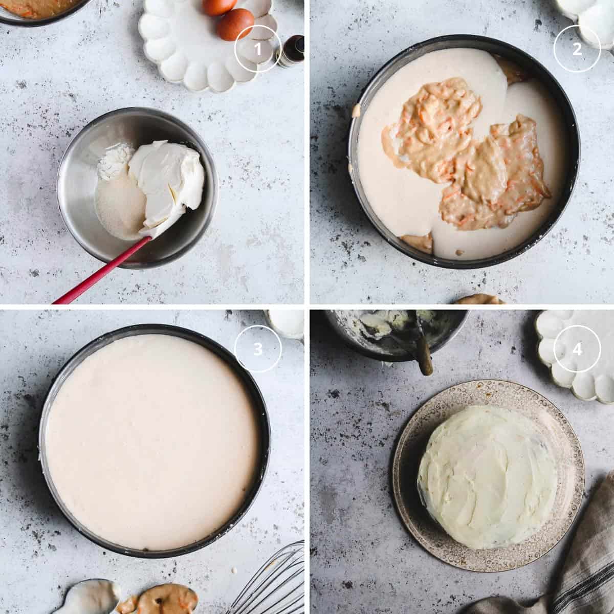 Four steps photo of making the cheesecake layer and assembling the carrot cake.