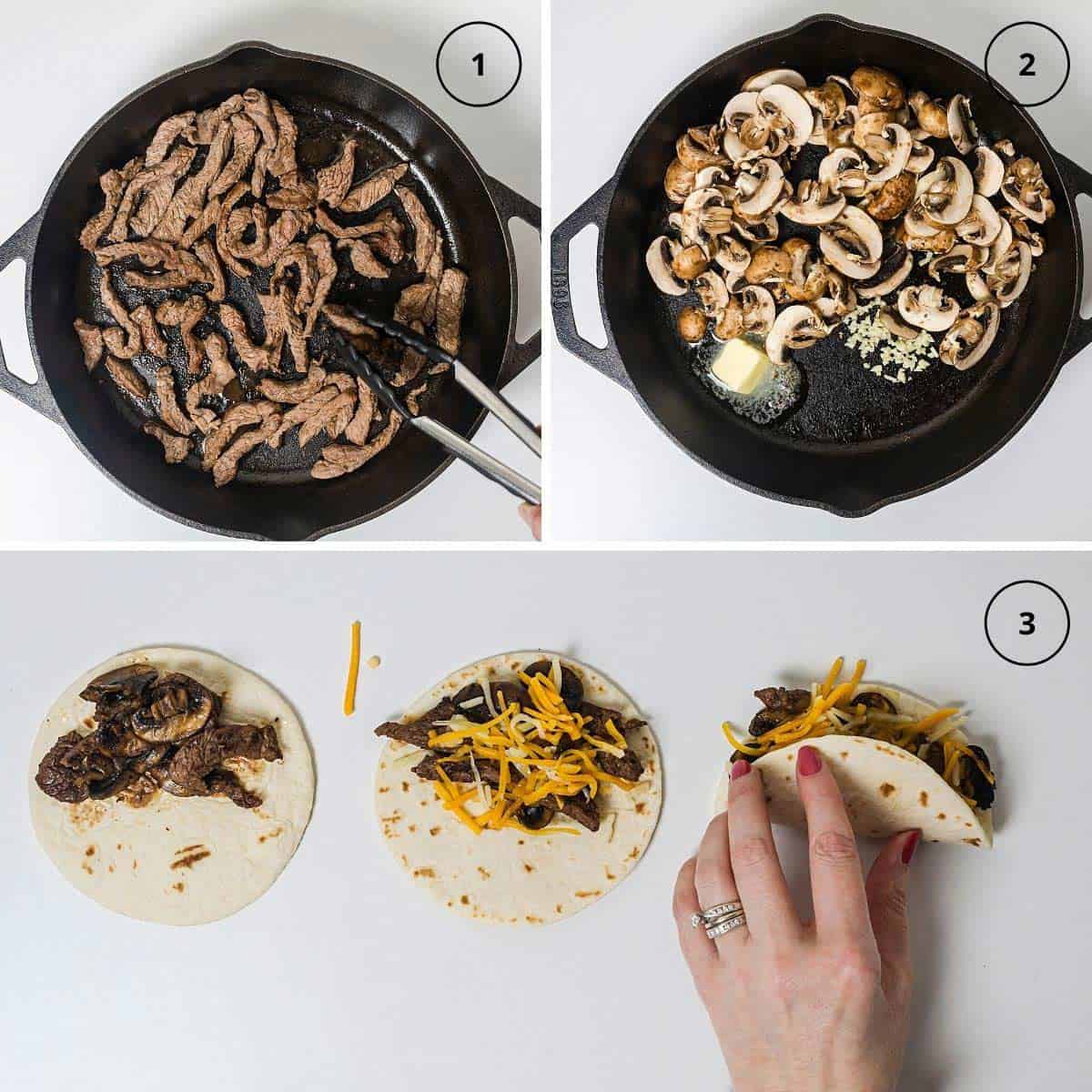 Beef steak strips in a cast-iron skilled, sliced mushrooms in a skillet, and a person assembling quesadillas in steps.