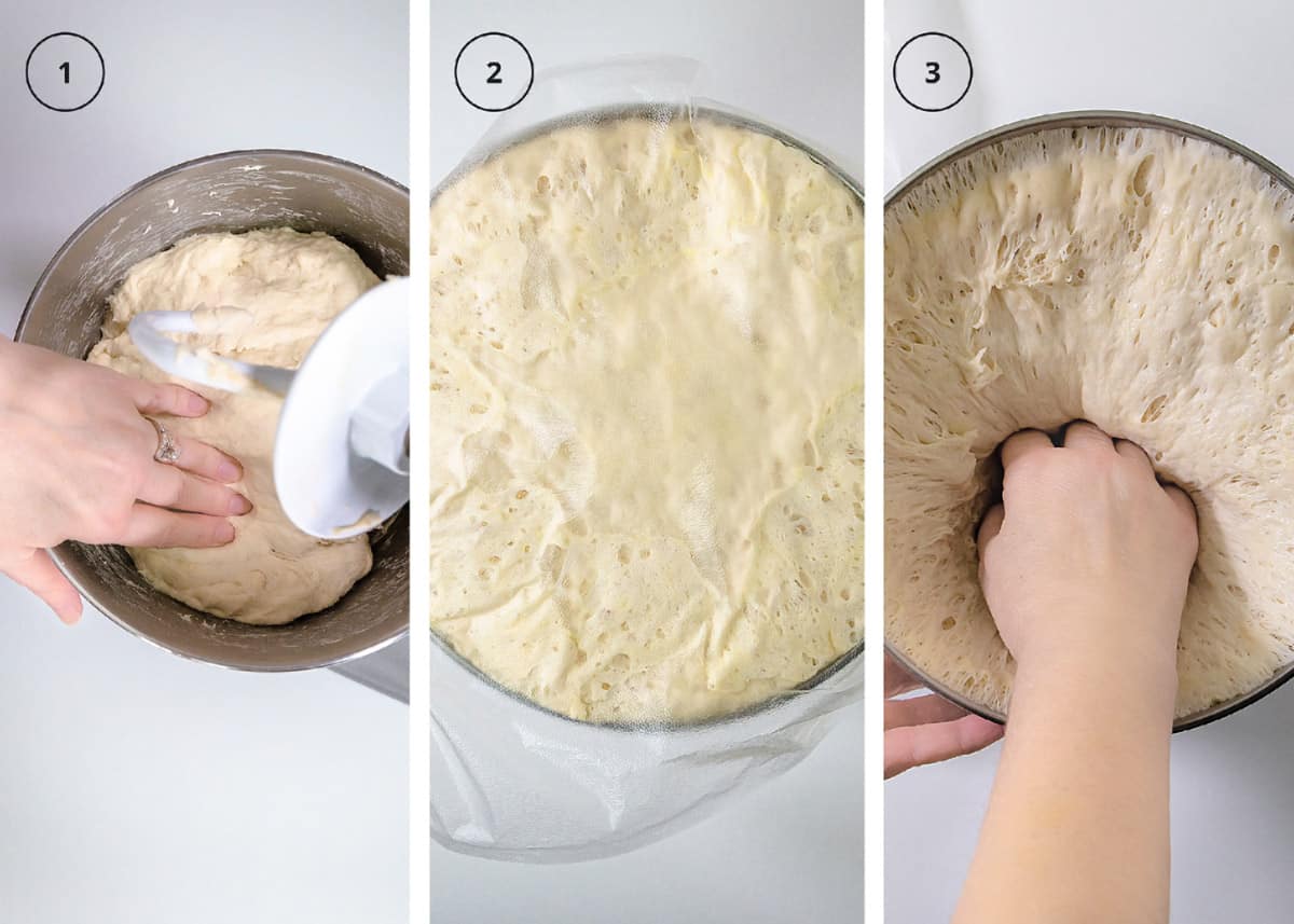 A bowl of pretzel dough mixed with mixer, bowl with covered rising dough, and a hand punching down dough.