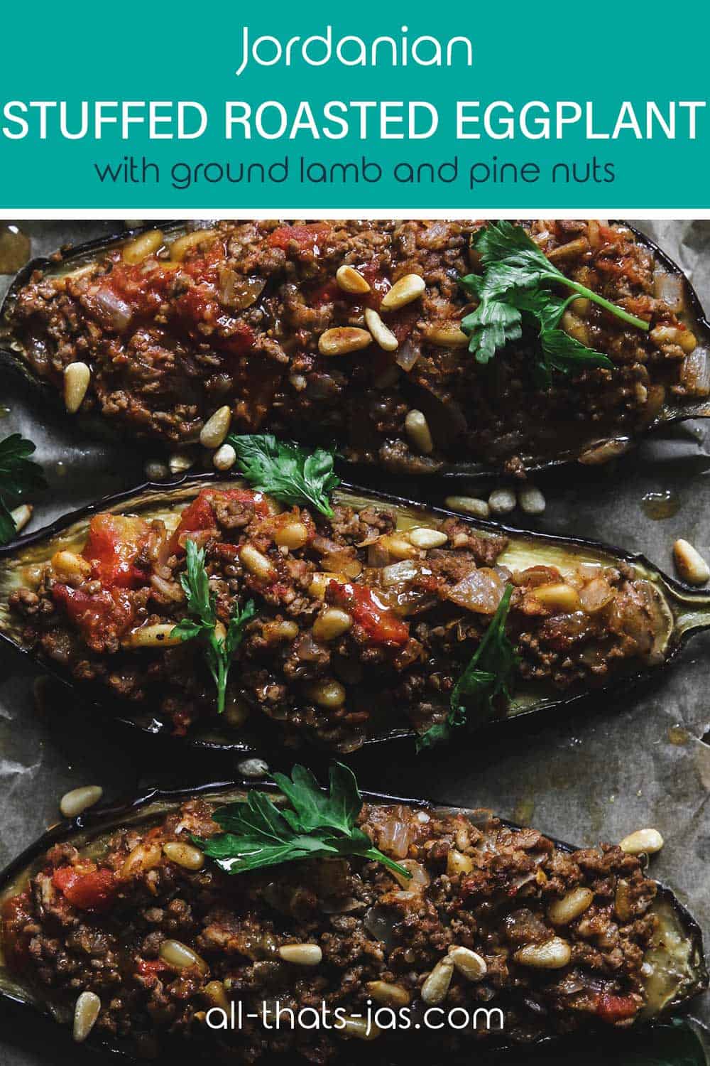 A close up of the Jordanian lamb-stuffed eggplant dish with text overlay.